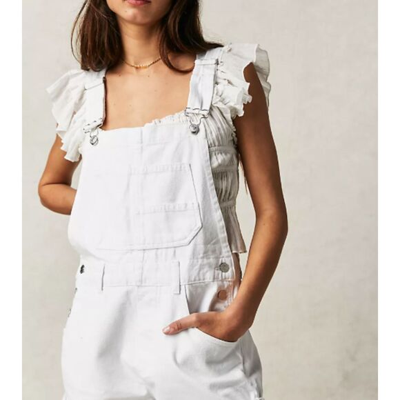 ~ Free People 30 Shortalls We The Free Cream Distressed Denim Short Overall Fray - Picture 3 of 16